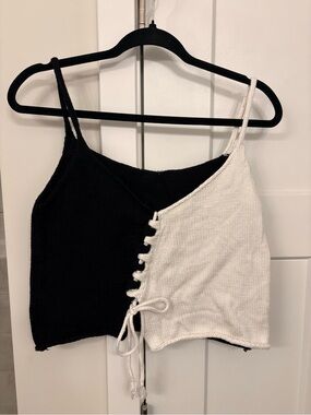 Two-Tone Black and White Lace-Up Knit Crop Top